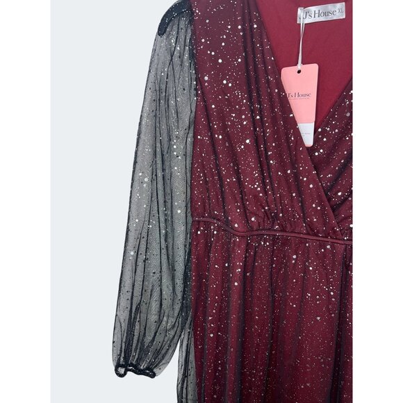 JJs House Burgundy A-Line Dress XL Womens Sparkly Party Gown With Sheer Sleeves - Picture 12 of 16